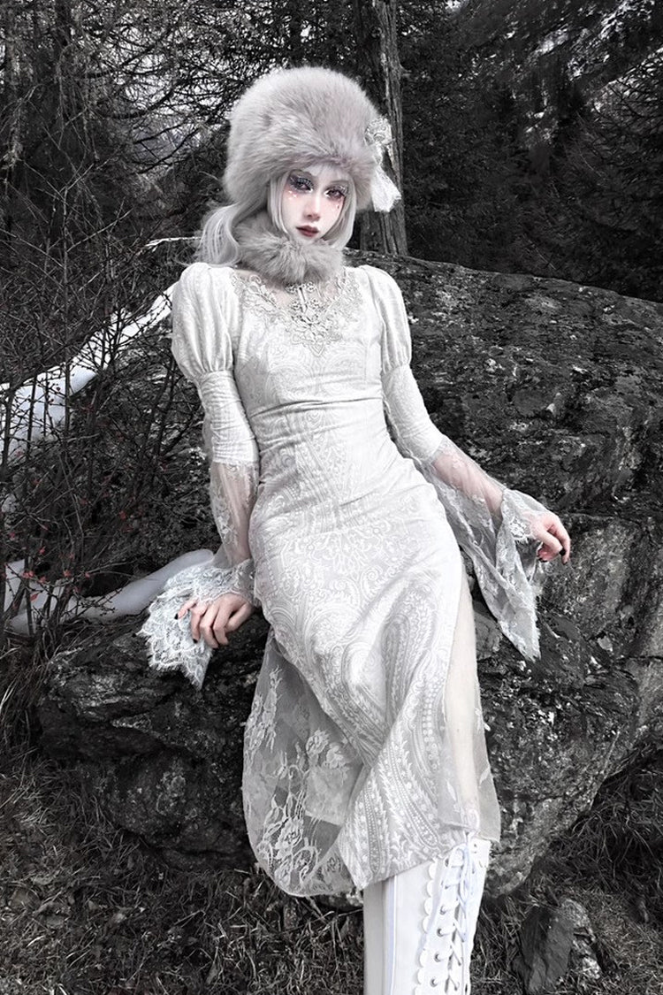 Silver V-Neck Long Sleeves High-Waisted Ruffle Lace Gothic Fishtail Dress