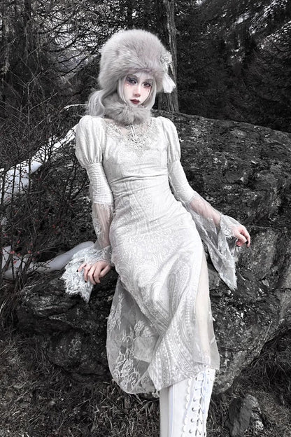 Silver V-Neck Long Sleeves High-Waisted Ruffle Lace Gothic Fishtail Dress