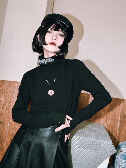 Gothic Dragon Top Collar Cheongsam Cuffs Print with Turtleneck Thin/Thick Black Thumbhole