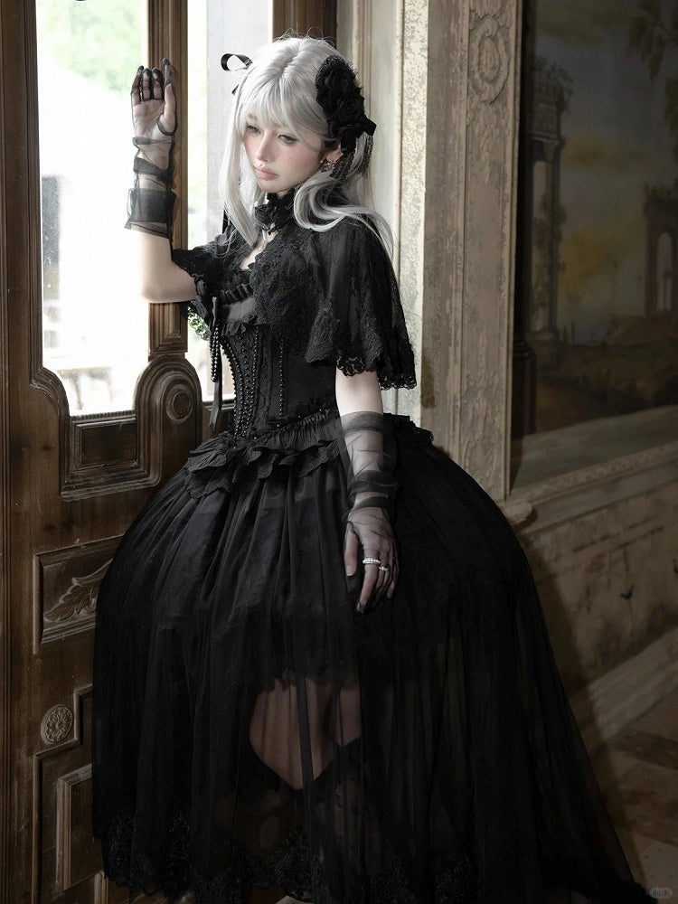 Black Kuro Elegant JSK Set with Cape and Floral Accent - Airfreeing