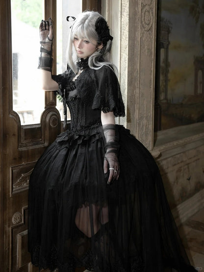 Black Kuro Elegant JSK Set with Cape and Floral Accent - Airfreeing