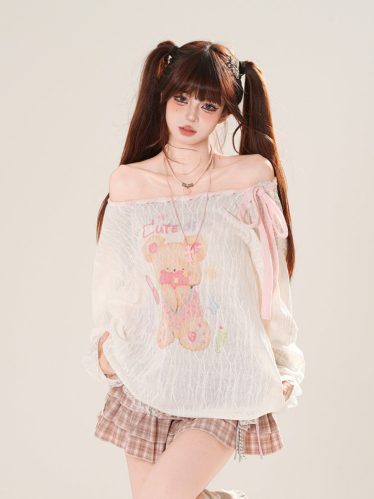 Ausschnitt-Überwurf, schulterfrei, entzückender Bärendruck, Rosa/Weiß, zum Selbstbinden