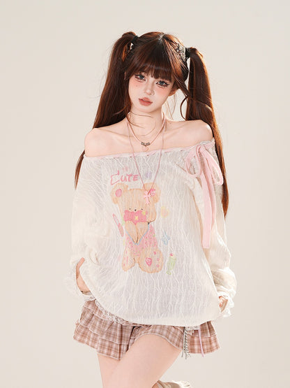 Ausschnitt-Überwurf, schulterfrei, entzückender Bärendruck, Rosa/Weiß, zum Selbstbinden