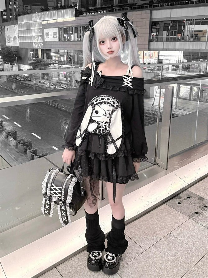 Jirai-kei Black Off Shoulder Long Sleeve Top with 3D Bunny Ears, Lace & Bows - Puppet Bombs