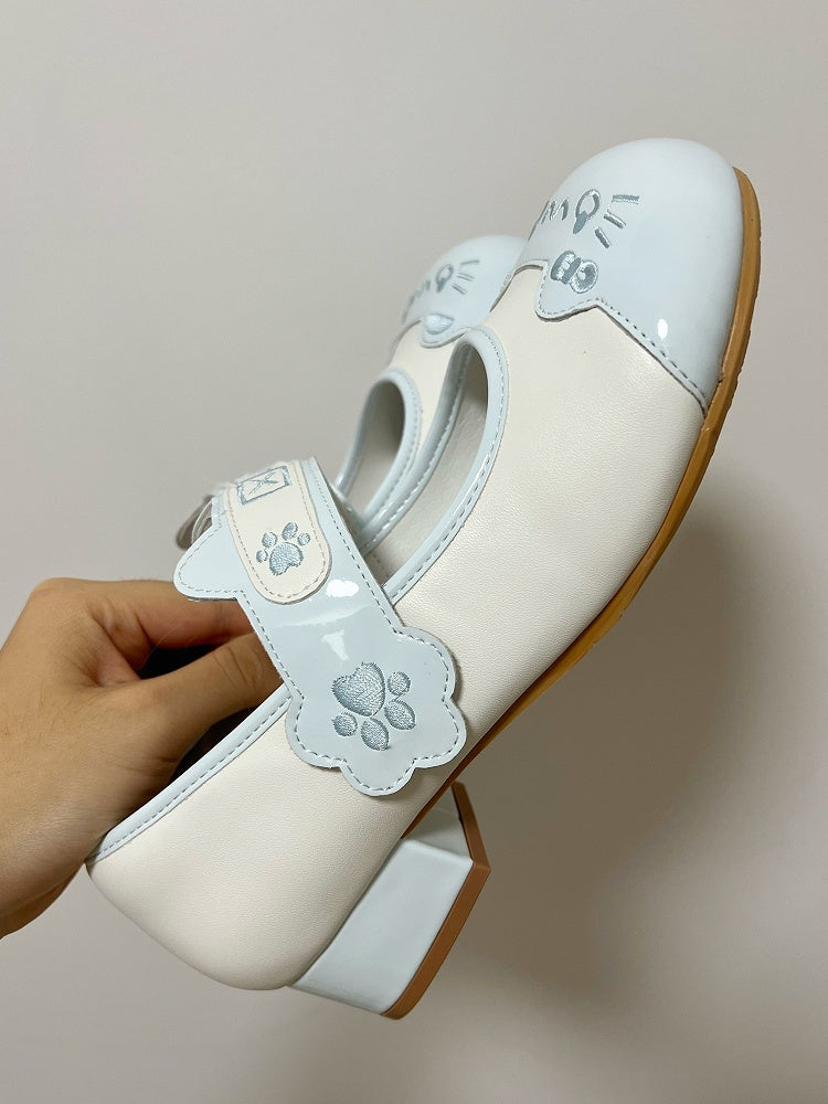 Velcro PU Ear Strap Sweet Closures in Low-heel Janes Accent Paw Kitty Details Blue Lolita Mary