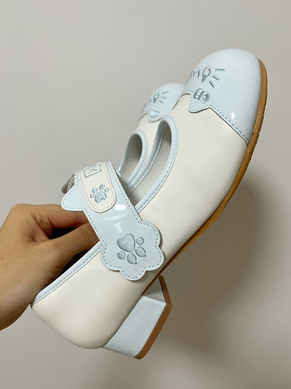 Velcro PU Ear Strap Sweet Closures in Low-heel Janes Accent Paw Kitty Details Blue Lolita Mary