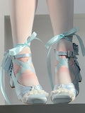 Buckle Lolita Sophisticated at Square Toe Removable Heels Lace-up Ankle - Strap Blue Mid