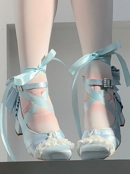 Buckle Lolita Sophisticated at Square Toe Removable Heels Lace-up Ankle - Strap Blue Mid
