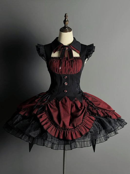 Hem Drawstring Lolita Halloween Gothic Boned and Black Pattern Waist Striped Red Dress