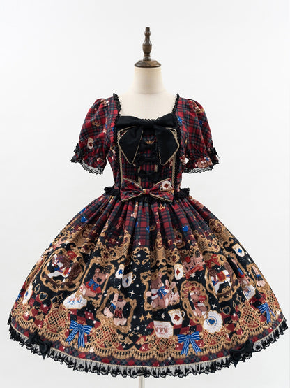 Print Puff Lace Lolita Trim Sleeves Dress Red and Black Bear Sweet Plaid with