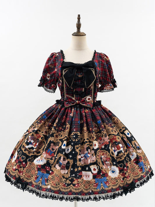 Print Puff Lace Lolita Trim Sleeves Dress Red and Black Bear Sweet Plaid with