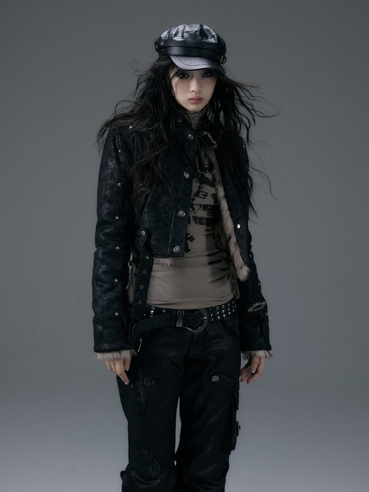 バックル＆スタッズ ブラック リバーシブル レオパード シャギー ジャケット