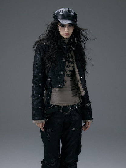 バックル＆スタッズ ブラック リバーシブル レオパード シャギー ジャケット