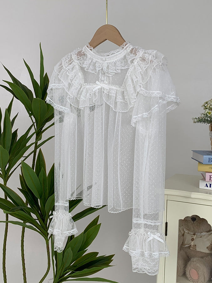 Sleeves Long Sheer Lace Dots Top Tulle White