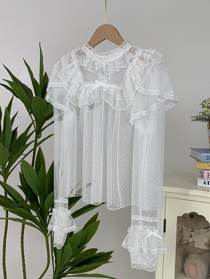 Sleeves Long Sheer Lace Dots Top Tulle White