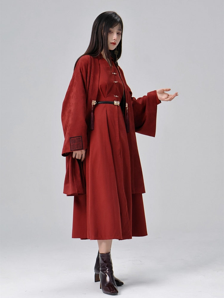 Box Snap Shirt Pleat Details Red Chinese with Closure Style Dress