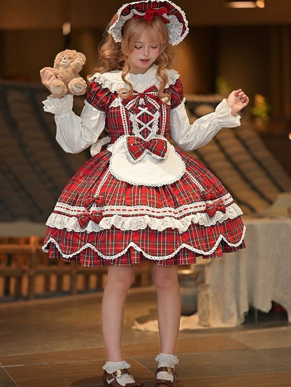 with Lolita Scalloped and Dress Puff Trim Bow Accents Sweet Plaid Edge Sleeves Red
