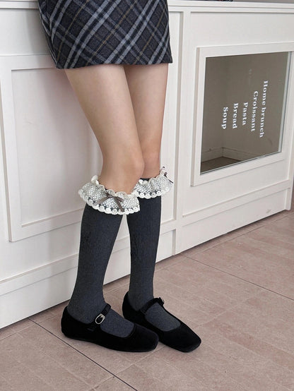 Cuffs Stockings Ribbed with Bow Ruffle Lace