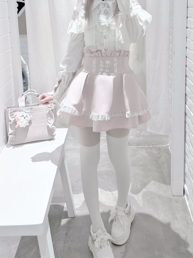 Pink Rhinestone-Embellished Lace Skirt High-Waist Ryousangata Trim