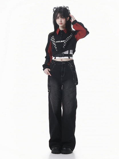 Futuristic Red Cropped Black Checked Color-Block Camisole Sweatshirt Techwear with