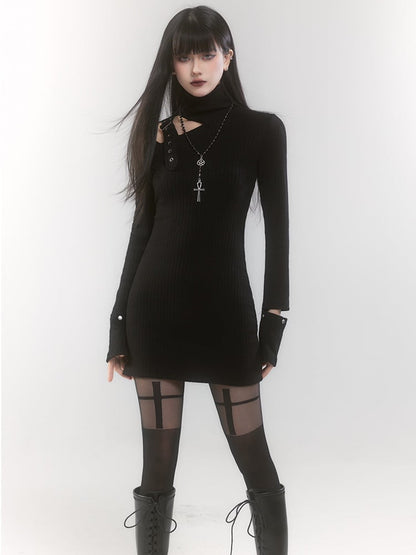 Black High Neck Cutout Shoulder Buckle Strap Thigh-length Knitted Dress