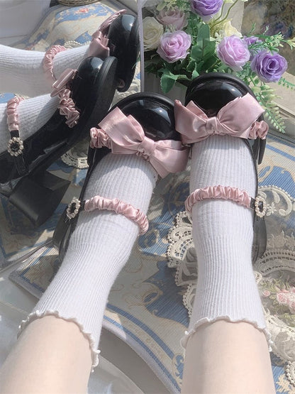 Heel Lolita Beaded Black Trim Ruffle Round - Pink with Buckle Toe PU Mary Sweet Janes Mid