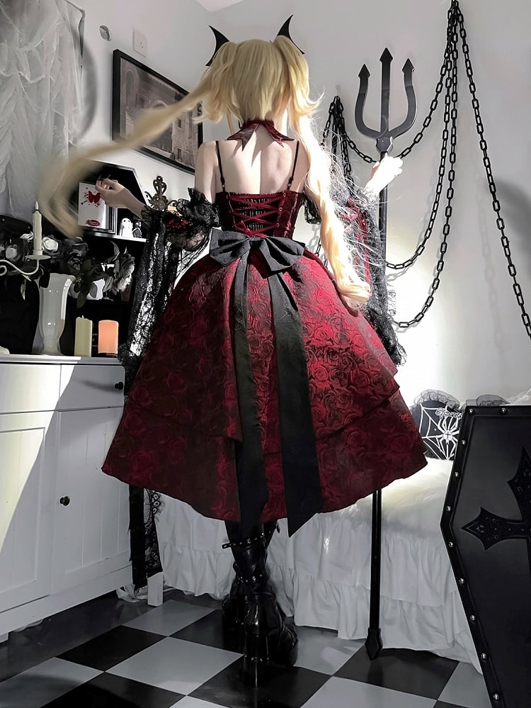 Black and Red Gothic Rosette Fabric High-low Skirt Dress Lolita JSK with Sleeves and Collar