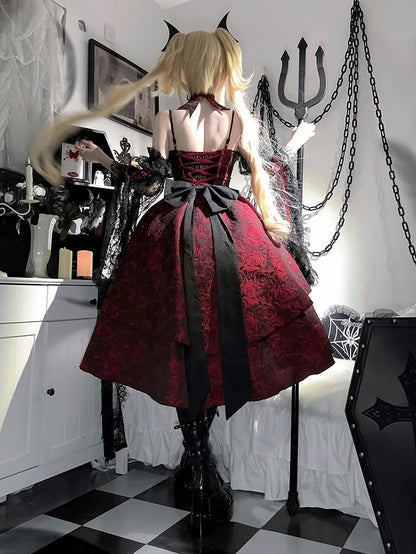 Black and Red Gothic Rosette Fabric High-low Skirt Dress Lolita JSK with Sleeves and Collar