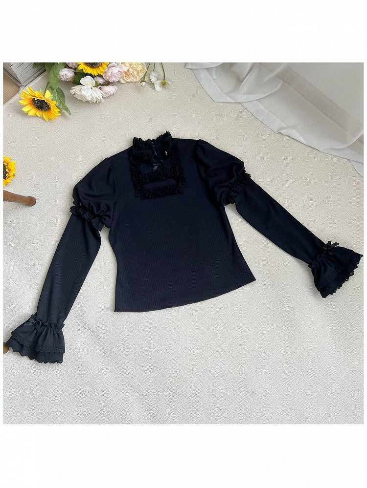 Black Long Sleeve Stand Collar Lolita Knit Top with Lace Trim - With PUJI