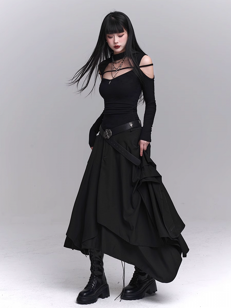 ブラックフロントボタンプラケットアシンメトリーヘムスカート