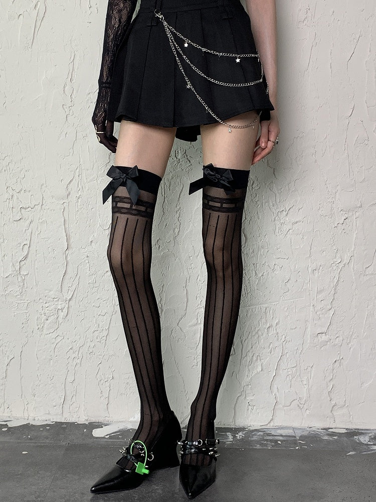Semi-sheer Stockings Over Striped Pattern Bowknot White/Black Details Y2K Knee