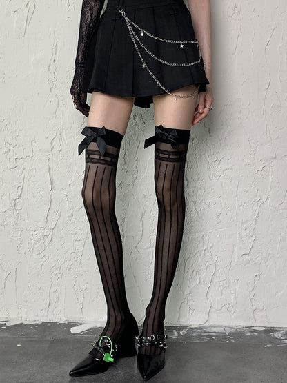 Semi-sheer Stockings Over Striped Pattern Bowknot White/Black Details Y2K Knee