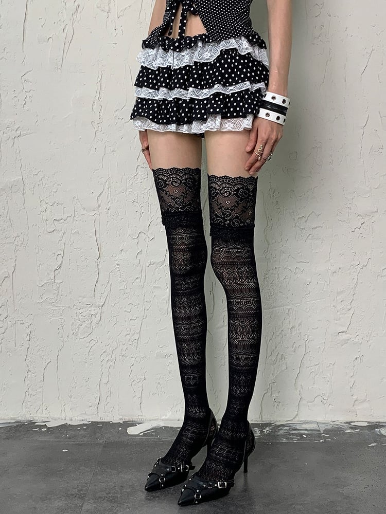 Pattern Stockings Black/White Overknee Design Y2K Floral Hollow-out