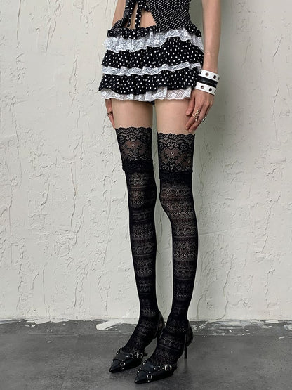 Muster Strümpfe Schwarz/Weiß Overknee Design Y2K Floral Hollow-out