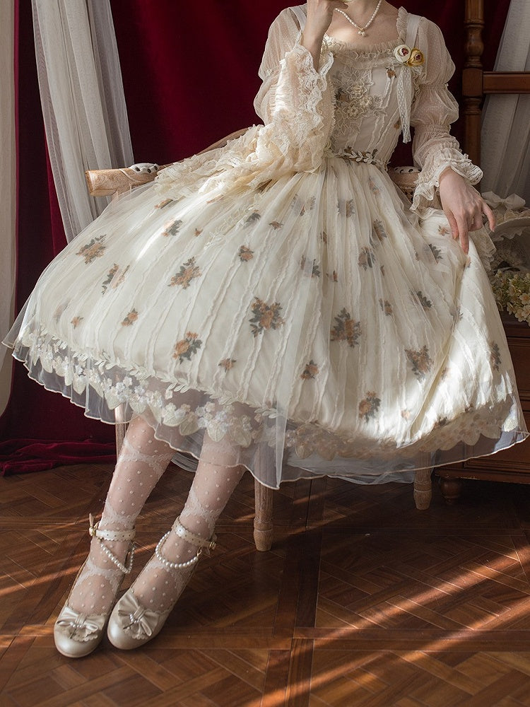 Apricot Floral Embroidered Lace Elegant Classic Lolita JSK Dress With Overlay