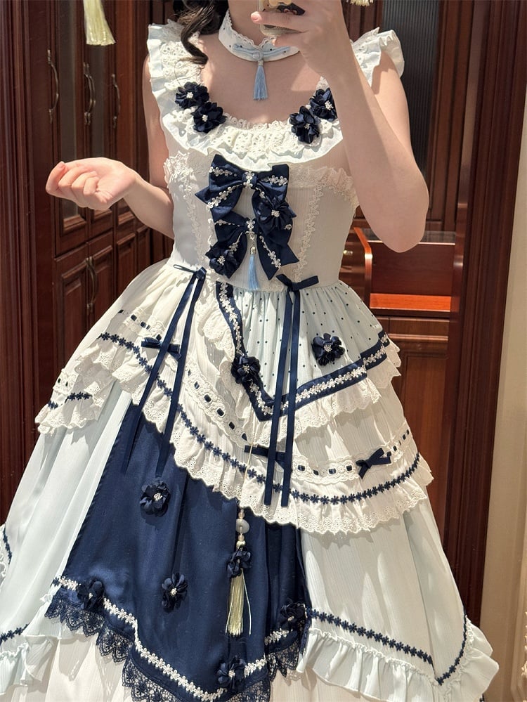 and Floral JSK Dark Lolita Sleeves Dress Embellished Flutter Blue Bow