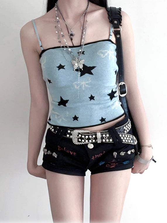 Striped Scarf Y2K Blue Star and Bow Print Cami Top with