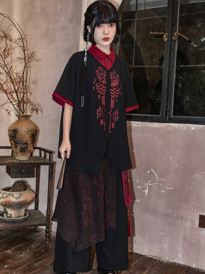 With Talisman Short-sleeve Gothic Fake Blouse Black Two-piece Chinese Print Red