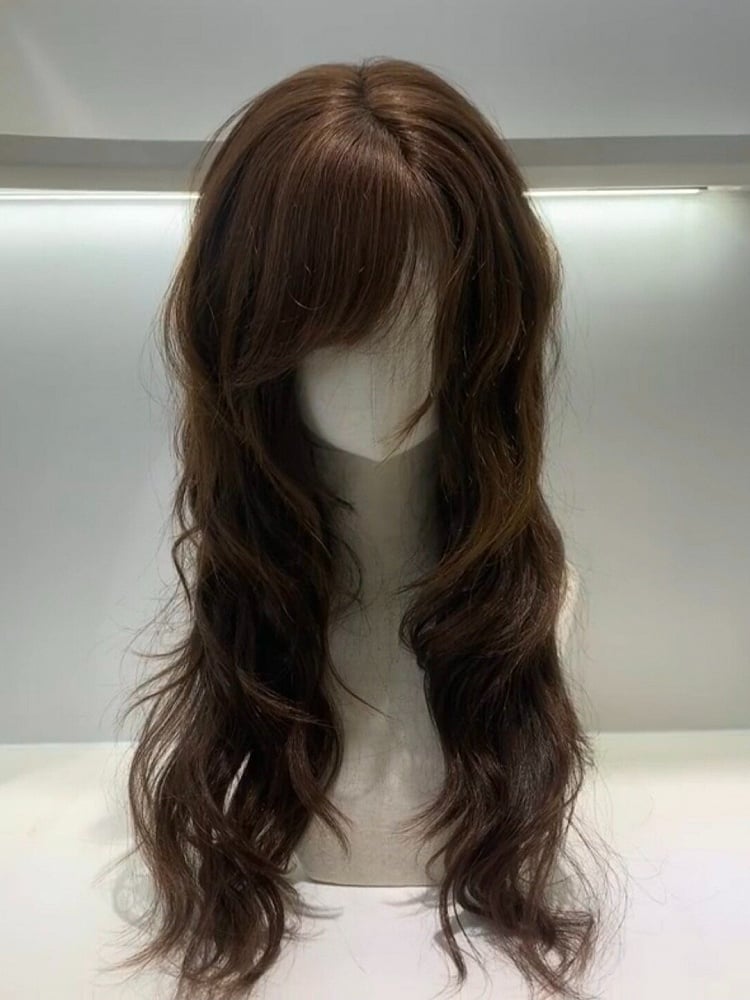 Brown 60cm Wavy Curly Wig with Side-swept Bangs - Hui Ran