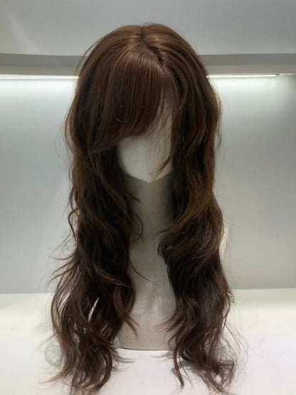 Brown 60cm Wavy Curly Wig with Side-swept Bangs - Hui Ran