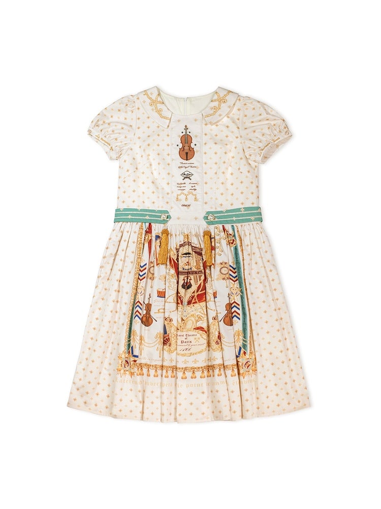 Short White Musical Print Peter Pan Collar OP Dress with Tassels - Crucis Universal Tailor Company