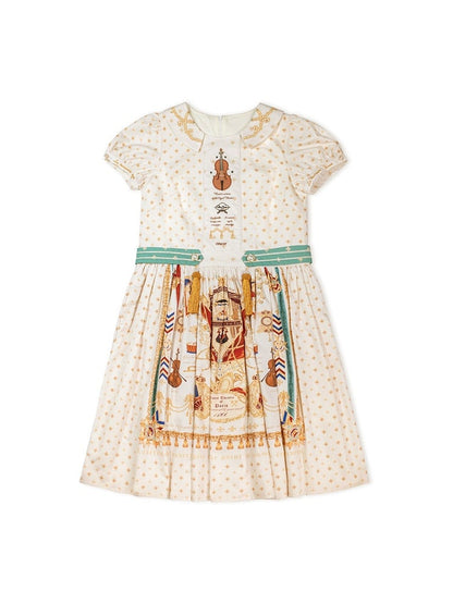 Short White Musical Print Peter Pan Collar OP Dress with Tassels - Crucis Universal Tailor Company