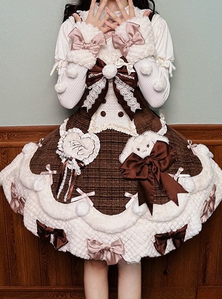 Applikationen Süßes Plüsch Herzchen und Akzente mit Braunen Details Schleife Kleid Lolita Weiß