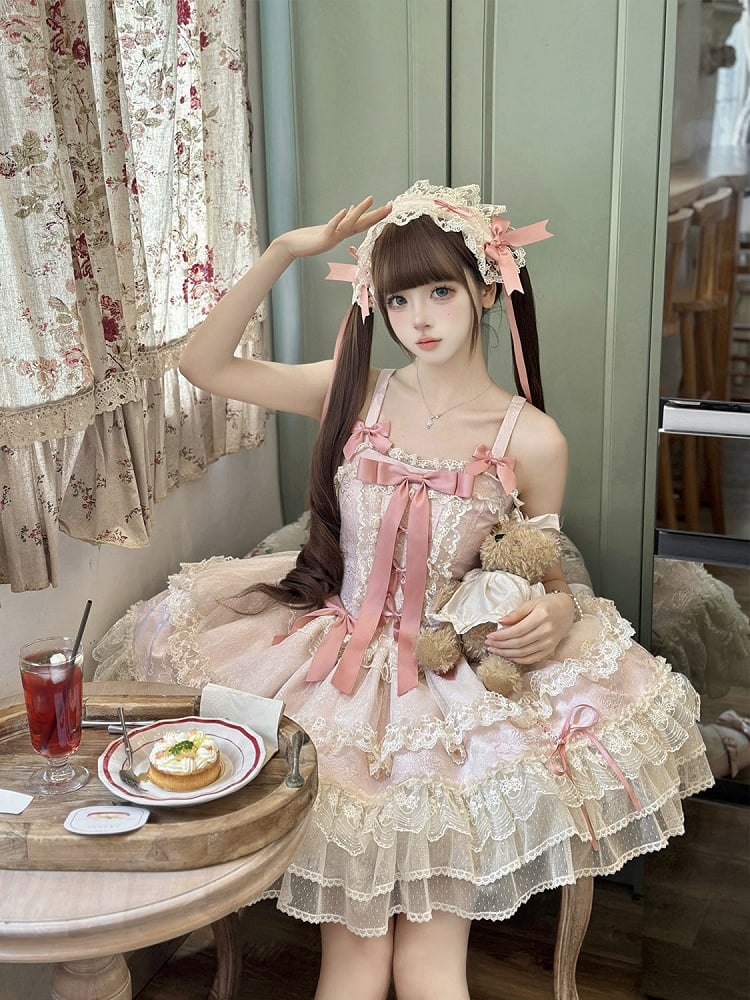 Kleid Rock verziert süß Jumper Lolita Balletcore rosa Bowknots