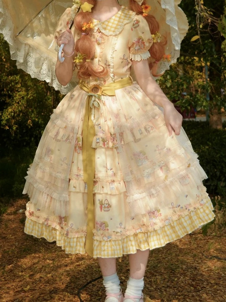 Sweet Bunny Yellow with and Sunflower Puff Lolita Overlay Dress Plaid Hem Sleeves Print
