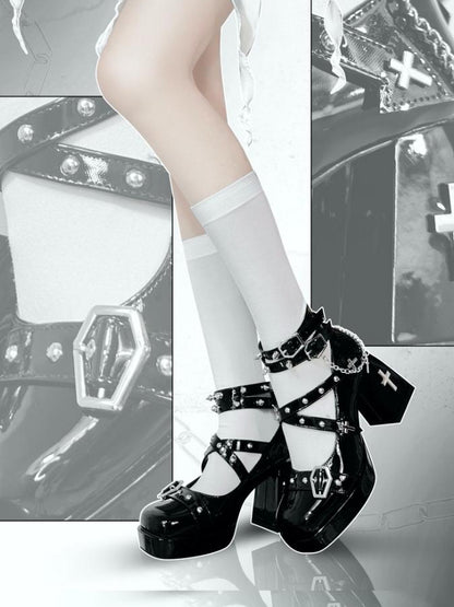 Studs Polished High-heel Cross Black Shoes And Toe Embellished Punk - Velcro Square