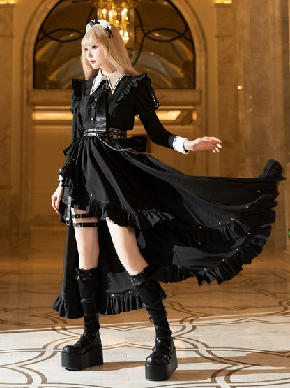 Ruffled High-Slit Black Apron Dress for Dark Maid Ouji - DevilInspired Exclusive Collection