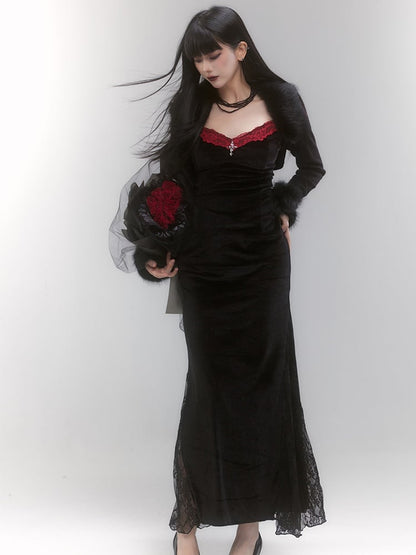 Gothic Black Cross Detail Red Lace Trim Spaghetti Strap Dress