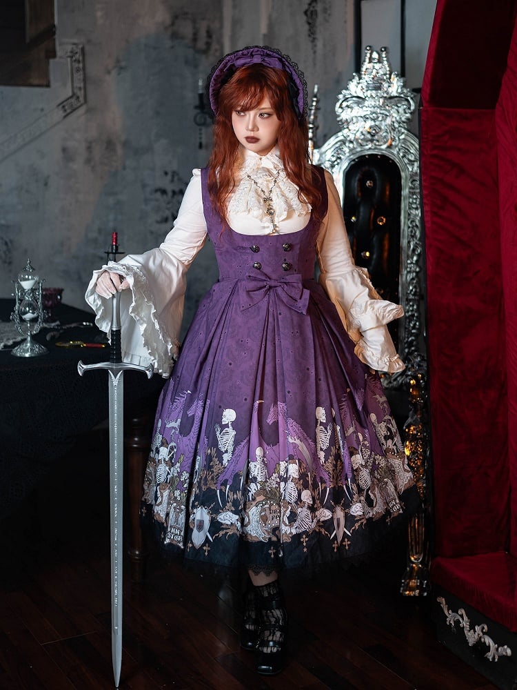 Purple Skeleton Cross Print Under Bust Gothic Lolita Dress with Black Lace Trim - NnSTAR