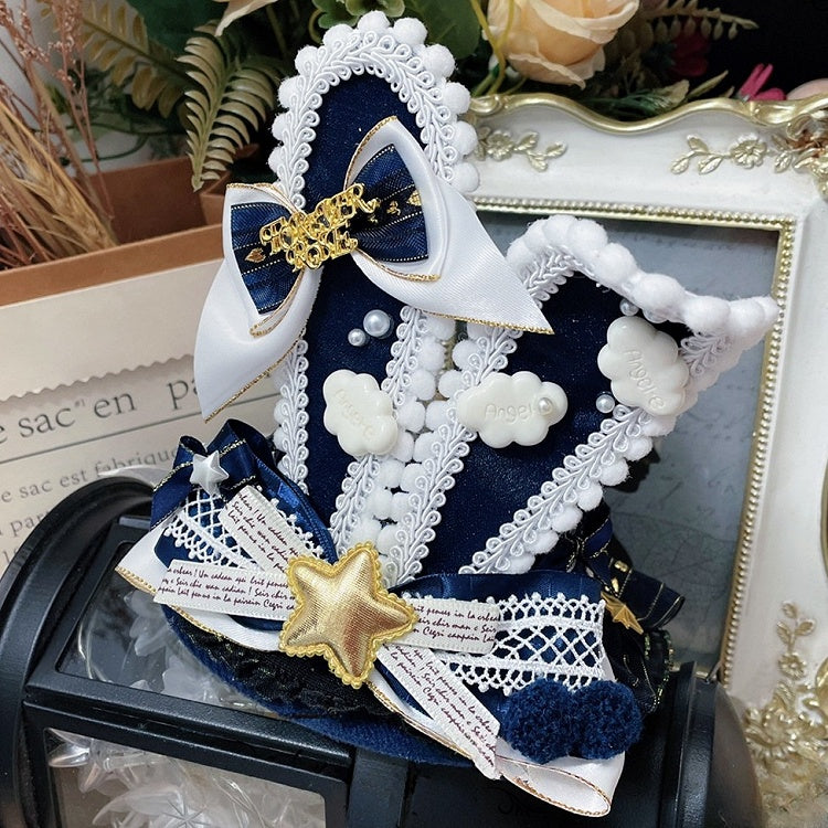 Bunny Star Cloud Hat Mini Applique Decorated Black/BlueWhite Beaded Ears And